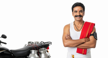 Confident Indian milkman in traditional attire standing with folded arms beside a motorcycle loaded with stainless steel milk cans