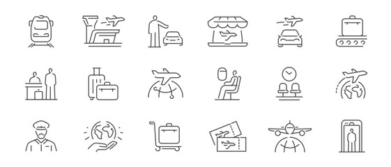 Airport icon set. Airlines, airplane sign. Tourism and trip symbols, pictograms for web, mobile app and infographics