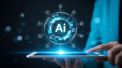 Person interacting with futuristic AI interface on tablet