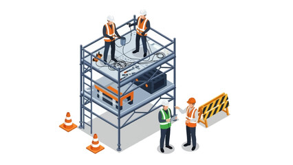 Obraz premium Illustration of construction workers on scaffolding with safety gear and barriers