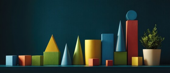 The Colorful Geometric Block Composition with Plant on Dark Background