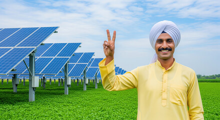 A cheerful Indian farmer in traditional attire stands in a lush green field, flashing a victory sign beside rows of modern solar panels under a bright blue sky.