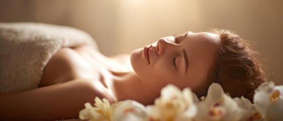 The woman relaxing in a serene spa setting surrounded by orchids and soft light