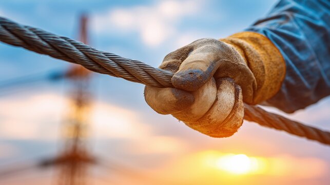 Close-up of a worker's gloved hand pulling or gripping a thick steel cable at sunset