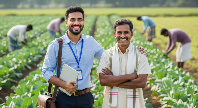 A confident agricultural officer stands beside a proud Indian farmer in a lush vegetable field, symbolizing modern farm advisory support and collaboration. - Powered by Adobe