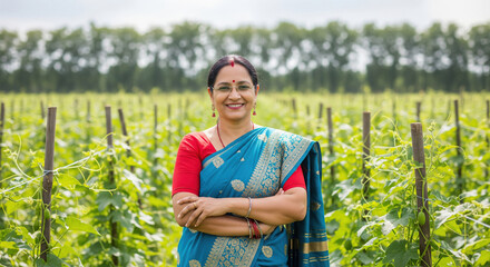 A confident Indian woman in a bright blue saree stands with folded arms in the middle of a lush green vegetable farm