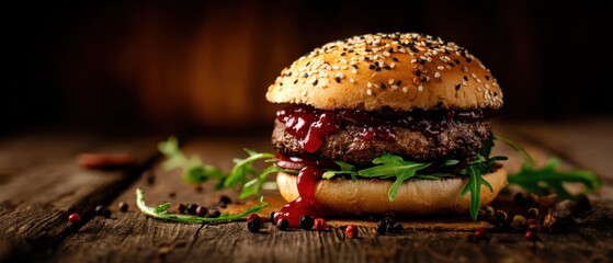 The Burger with Juicy Beef Patty, Sesame Bun, Arugula and Dripping Sauce