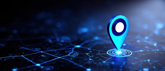 The blue location pin on a futuristic glowing digital map with network connections