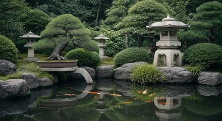 Poster de jardin  Serene Japanese Garden with Stone Lanterns and Koi Pond.  © humer