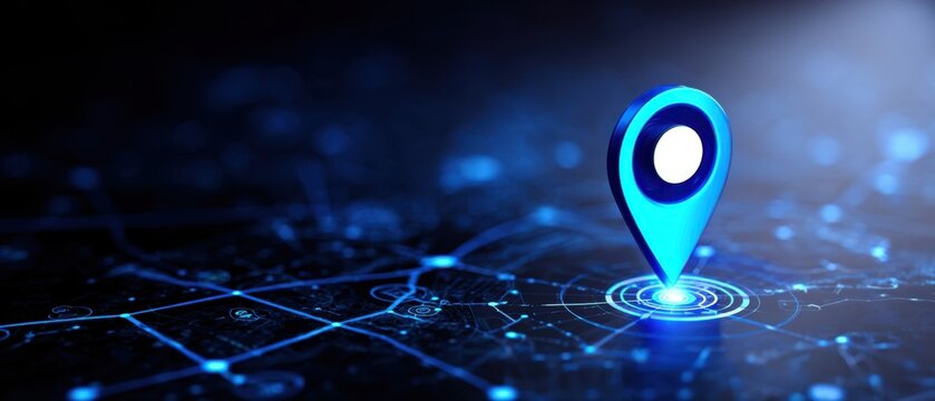 The blue location pin on a futuristic glowing digital map with network connections - Powered by Adobe
