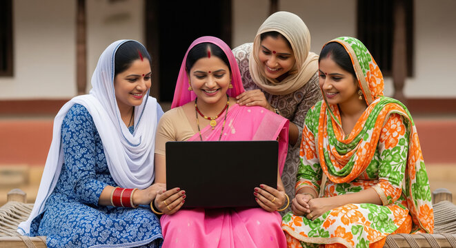 Four rural Indian women in colorful traditional attire sit together on a charpai, attentively looking at a laptop as they learn digital skills.