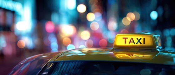 The Taxi Sign Glowing on a Rainy Urban Street at Night with Bokeh