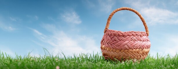 The Basket On Green Grass With Blue Sky And Soft Clouds