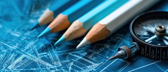 The pencils on blueprints next to a drafting compass and technical drawings