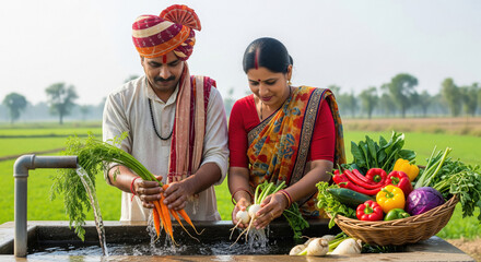 An Indian farmer couple in traditional attire wash freshly harvested vegetables at a rural hand pump, with a vibrant basket of organic produce displayed beside them in the field.