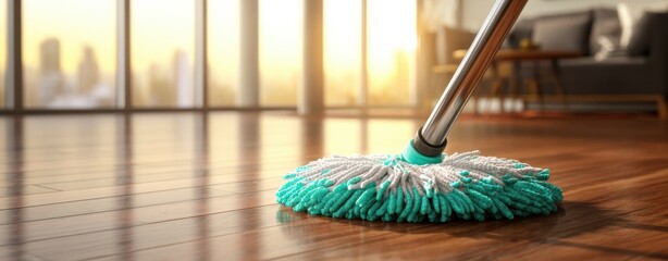 The Mop Cleaning a Sunlit Hardwood Floor in Modern Apartment Living Room