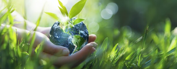 The Earth held gently in a human hand over sunlit green grass