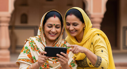 Two middle‑aged Indian women in colorful traditional dupattas sit together outside, happily sharing something on a smartphone as one points at the screen.