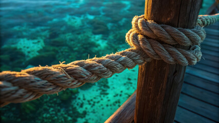 Fototapeta premium Luxury overwater escape. weathered rope tied to wooden post over clear turquoise water, creating serene coastal scene