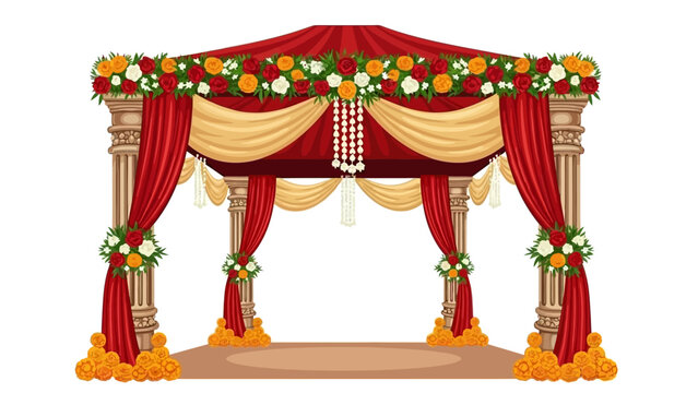 Illustration of a decorated Indian wedding mandap with red curtains and floral arrangements on a white background