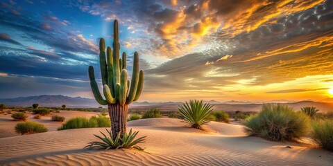 Serene desert sunrise with majestic saguaro cactus silhouetted against vibrant, colorful sky and undulating sand dunes