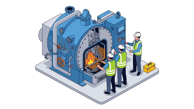 Isometric illustration of three workers in safety gear inspecting a large industrial furnace with a fire burning inside on a gray platform