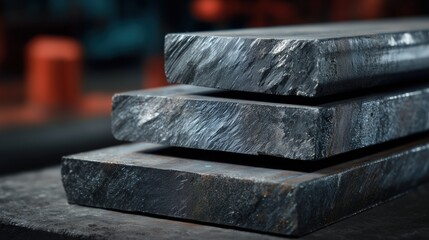 Close-up of a stack of three thick, dark, raw metal slabs or billets with rough, scratched edges