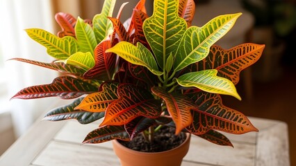 Vibrant Croton plant with multicolored veined leaves in terracotta pot on light wood—bold ornamental foliage ideal for indoor decor and botanical styling.