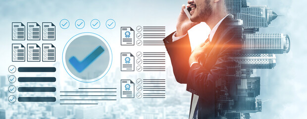 A businessman in a suit making a phone call, surrounded by digital documents and checkmarks,...