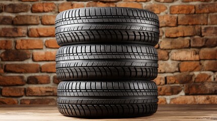 Symmetrically stacked new black vehicle tires against a clear red brick wall