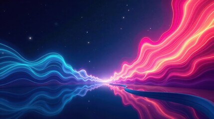Abstract cosmic landscape with vibrant neon waves reflecting on a calm surface, creating a surreal and dreamy atmosphere