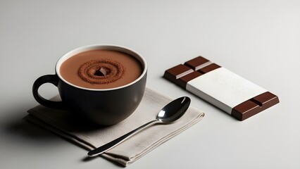 Hot chocolate in black cup with cocoa swirl and chocolate piece, served with spoon, napkin, and chocolate bar—minimalist setup evoking indulgence and cozy sophistication.