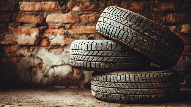 Stack of three weathered vehicle tires against an old, distressed brick wall - Powered by Adobe