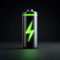 battery charging icon 3d, green lightning bolt, full charge, energy