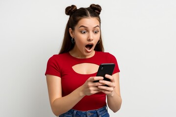 Naklejka premium Surprised young woman with phone on white background expressing shock and excitement in casual clothing, emotional reaction concept photo. Ai generative
