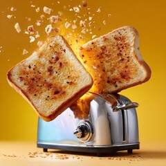 Toast exploding out of shiny toaster on yellow background