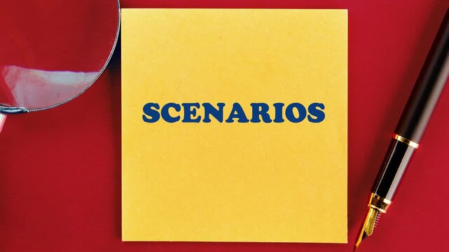 A vibrant series shows SCENARIOS being written in progressively bolder text on a yellow sticky note, set alongside an elegant pen on a ruby surface