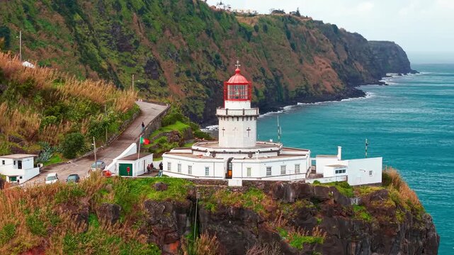 Aerial view of Arnel Lighthouse on Sao Miguel Island, Azores