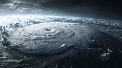 A massive, swirling hurricane is captured from a high-altitude, cinematic wide-angle perspective.