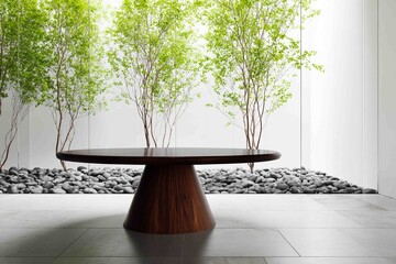 A striking wooden dining table with a natural grain serves as a central focal point in the room.