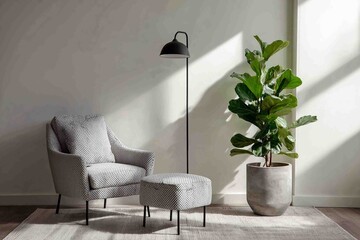 A cozy reading nook is created with a patterned armchair and a matching ottoman.