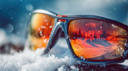 Sport sunglasses with orange reflective lenses lying on fresh winter snow