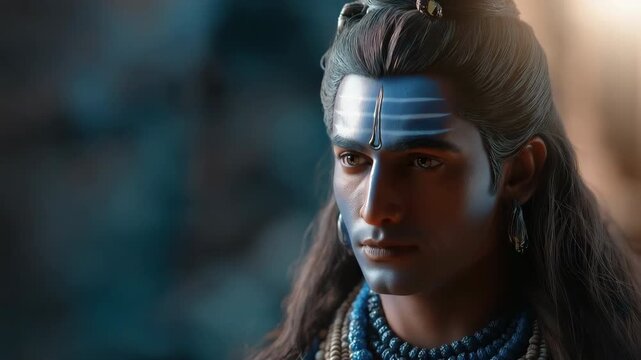 Meditative portrait of young caucasian male with traditional adornments and face paint