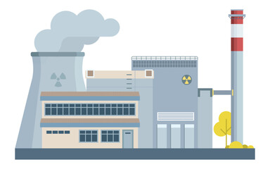 Flat Vector Illustration of a Nuclear Power Plant with Cooling Tower and Chimney