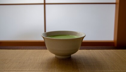 A serene bowl of green tea on a tatami mat in a traditional Japanese room with shoji screens
