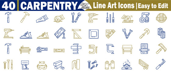 40 carpentry line art icons easy to edit collection for construction and woodworking projects