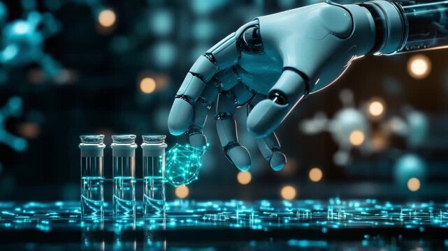 A robotic hand interacts with glowing blue circuit boards and test tubes on a futuristic laboratory workbench with a dark background and blurred lights.