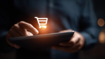Man holding a digital tablet with a bright orange online shopping cart icon