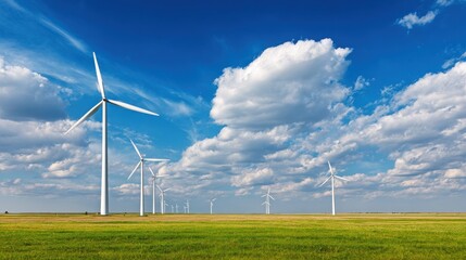 wind turbines field, green grass, blue sky, renewable energy, eco power