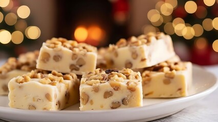 Eggnog fudge with walnuts on white plate, creamy holiday dessert squares with festive bokeh background for Christmas food themes